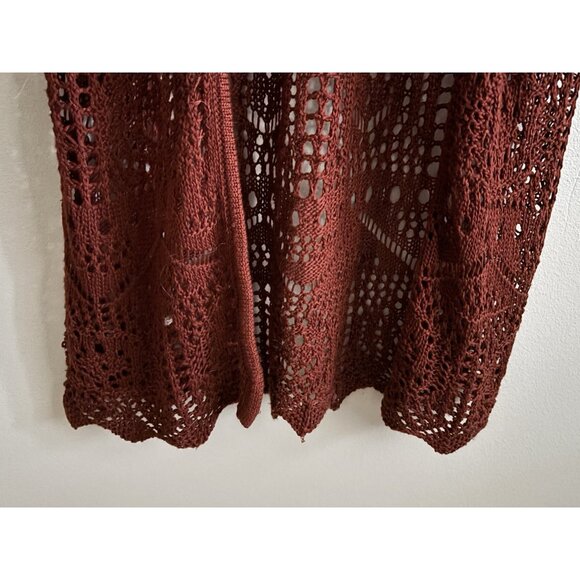 Charlotte Russ Long Burgandy Crochet Knitted Sweater Long Duster Open Front S - Picture 3 of 9